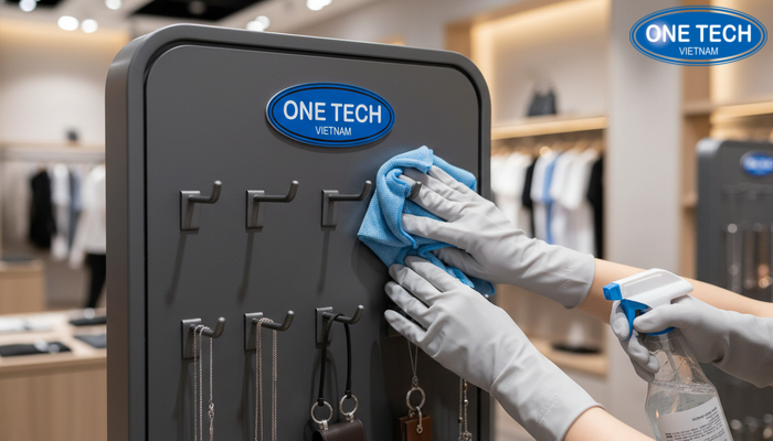 Minh họa vệ sinh và bảo dưỡng kệ móc treo phụ kiện định kỳ để tăng tuổi thọ