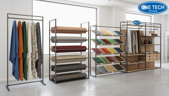 So sánh kệ trưng bày vải Minh họa so sánh các loại kệ trưng bày vải theo công năng và ứng dụng