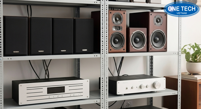 Bố trí kệ trưng bày loa tích hợp amply gọn gàng, có khe thoáng tản nhiệt