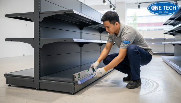 Lắp đặt kệ trưng bày vải bước 1 Bước 1 lắp đặt kệ trưng bày vải, kiểm tra nền và vị trí đặt kệ