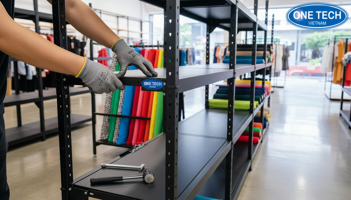 Lắp đặt kệ trưng bày vải bước 2 Bước 2 lắp đặt kệ trưng bày vải, siết liên kết và kiểm tra độ vững