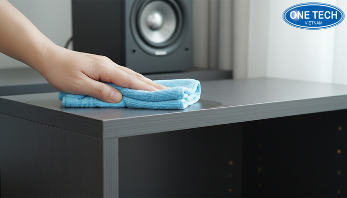 Minh họa vệ sinh kệ gỗ MDF phủ melamine bằng khăn mềm