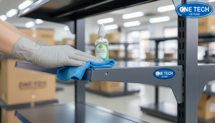 Minh họa lau vệ sinh kệ sắt sơn tĩnh điện đúng cách