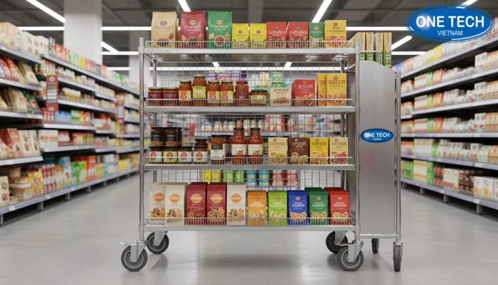 Kệ trưng bày hàng tạp hóa có bánh xe Kệ bán hàng tạp hóa có bánh xe thuận tiện di chuyển