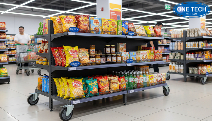 Kệ bán hàng tạp hóa có bánh xe Kệ có bánh xe cho khu khuyến mãi giúp thay đổi nhanh
