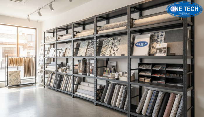 Kệ đa năng trưng bày vải và giấy dán tường Kệ đa năng trưng bày vải kết hợp giấy dán tường, tối ưu cho showroom