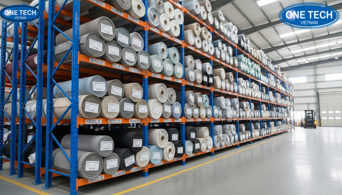 Kệ để vải cuộn chịu tải Kệ để vải cuộn khung thép chịu lực, sắp xếp cuộn vải gọn và dễ kiểm kho