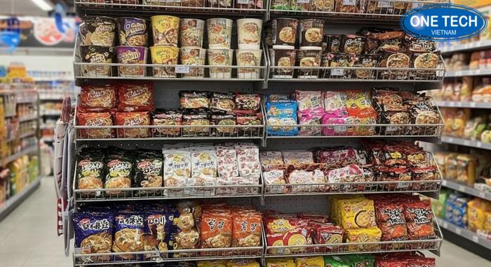 Kệ đứng nhỏ gọn cho khu mì tôm trong cửa hàng diện tích hạn chế