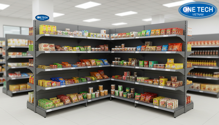 Kệ góc trưng bày hàng tạp hóa Kệ góc giúp tận dụng góc chết trong cửa hàng tạp hóa