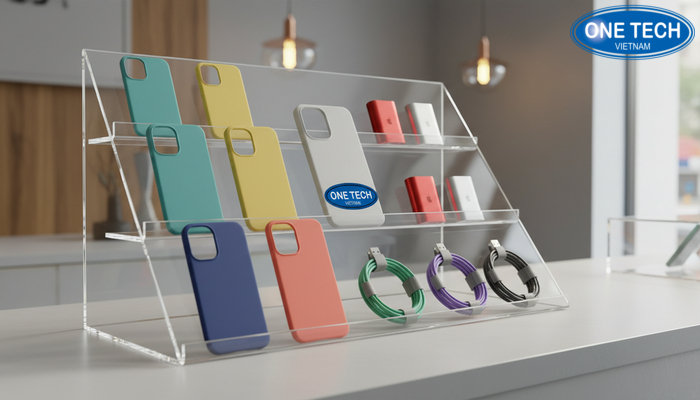 Kệ mica trưng bày phụ kiện điện thoại để bàn nhiều tầng
