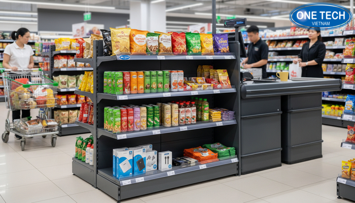 Kệ quầy cho cửa hàng tạp hóa Kệ quầy trưng bày hàng mua nhanh gần khu thanh toán