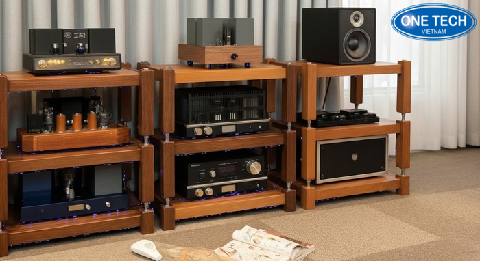 Kệ trưng bày loa có khoang để amply, lỗ đi dây và ngăn phụ kiện gọn gàng