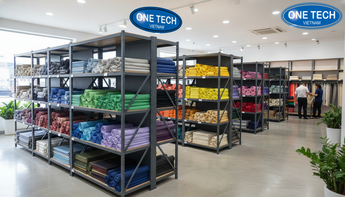 Kệ trưng bày vải cửa hàng thực tế Kệ trưng bày vải trong cửa hàng thực tế, lối đi thông thoáng và phân loại màu rõ ràng