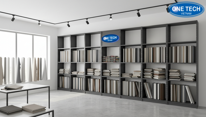 Showroom kệ trưng bày vải Không gian showroom với kệ trưng bày vải gọn đẹp, dễ chọn mẫu