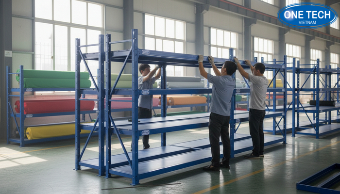 Hoàn thiện kệ trưng bày vải trước bàn giao Kiểm tra liên kết và hoàn thiện kệ trưng bày vải trước khi bàn giao