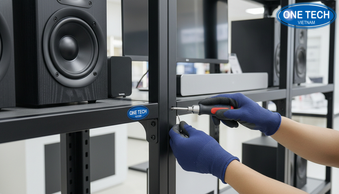 Minh họa kiểm tra và siết ốc vít kệ trưng bày loa định kỳ