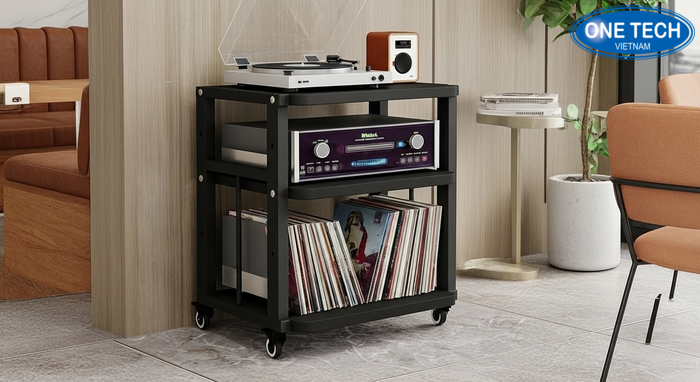 Mẫu kệ âm thanh đa năng có bánh xe và ngăn kéo cho quán cafe, studio