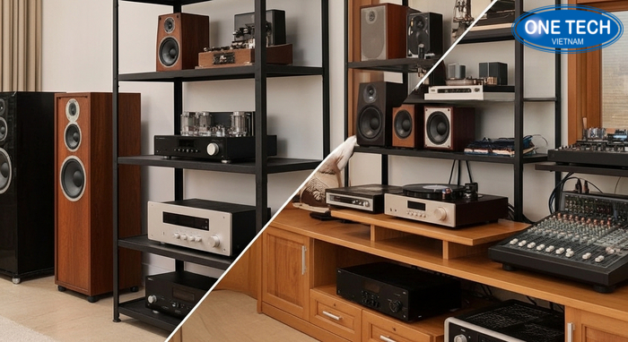 Minh họa các mẫu kệ để loa amply theo không gian phòng khách, showroom, studio