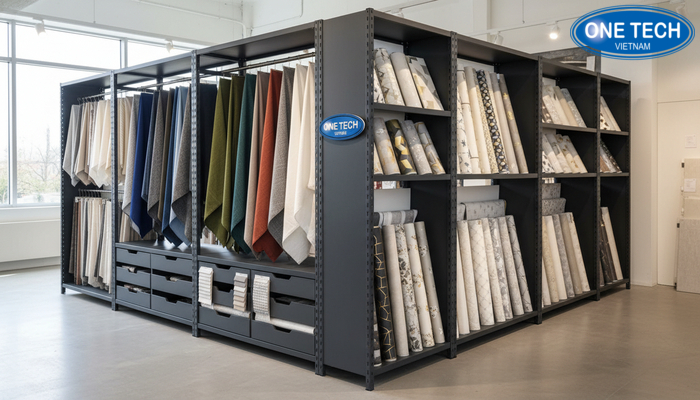 Kệ trưng bày vải và giấy dán tường Mẫu kệ kết hợp trưng bày vải và giấy dán tường, tối ưu không gian showroom
