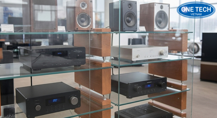 Mẫu kệ kính cường lực dùng trong showroom trưng bày loa và amply