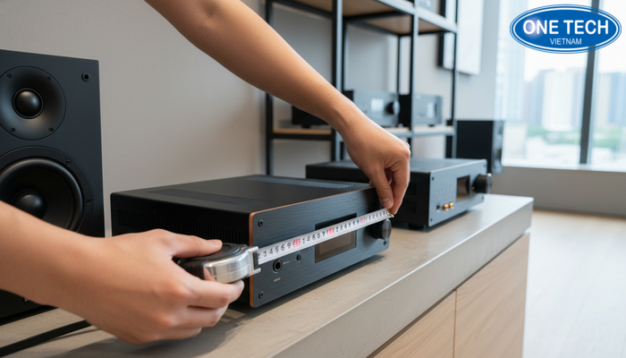 Minh họa đo kích thước loa và amply trước khi chọn kệ trưng bày loa