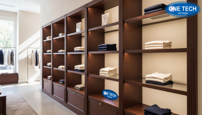 Decor kệ trưng bày shop quần áo phong cách sang trọng Mô hình decor sang trọng với kệ gỗ kính và đèn rọi