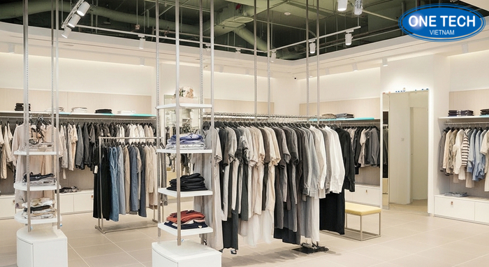 Phối cảnh shop dùng kệ trưng bày shop quần áo hiện đại Phối cảnh cửa hàng thời trang sử dụng kệ trưng bày hiện đại