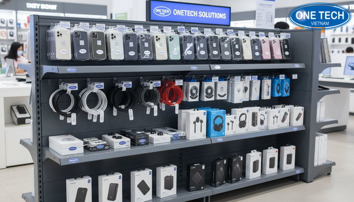 Ốp lưng, cáp sạc, tai nghe, pin dự phòng trưng bày trên kệ tiêu chuẩn