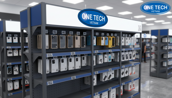 Gắn mã QR và bảng giá điện tử trên kệ trưng bày phụ kiện điện thoại