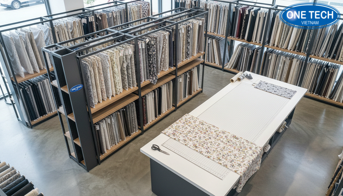 Layout trưng bày vải và khu cắt Sơ đồ layout khu trưng bày vải và khu cắt giúp vận hành nhanh