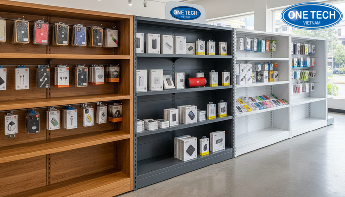 So sánh kệ gỗ, kệ kim loại và kệ nhựa trong trưng bày phụ kiện điện thoại