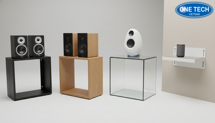 So sánh kệ trưng bày loa theo chất liệu MDF, thép sơn tĩnh điện, kính cường lực và kệ treo tường