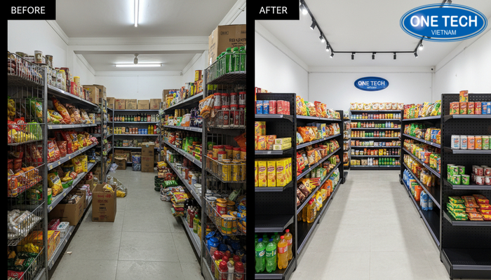 Trước và sau khi dùng kệ OneTech So sánh cửa hàng trước và sau khi lắp kệ trưng bày hàng tạp hóa OneTech