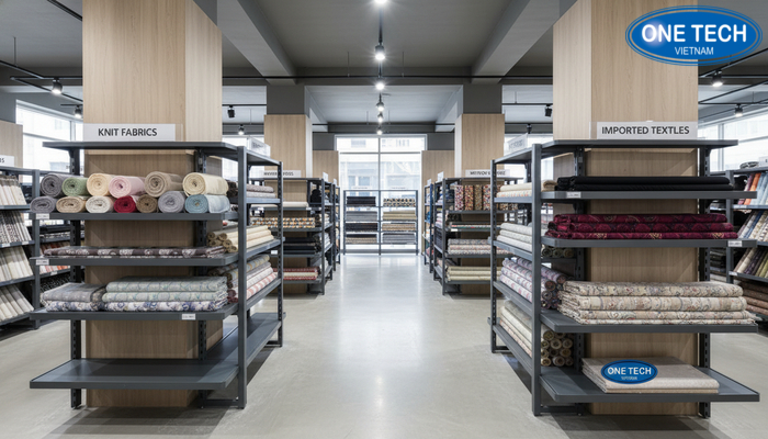 Thiết kế kệ trưng bày vải theo yêu cầu Kệ trưng bày vải thiết kế riêng theo mặt bằng thực tế, tối ưu góc và lối đi
