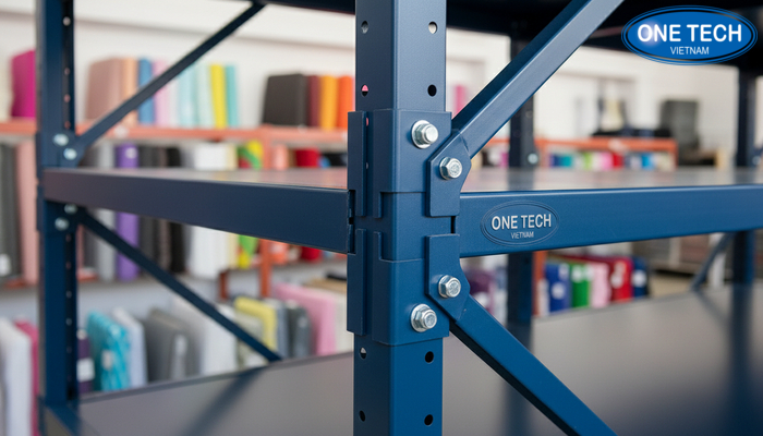 Tính năng kệ trưng bày vải chất lượng Cận cảnh khung thép sơn tĩnh điện và liên kết bulong của kệ trưng bày vải