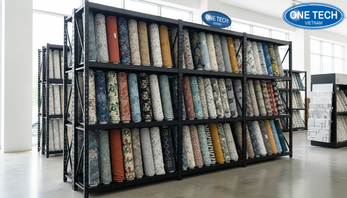 Ứng dụng kệ đa năng trưng bày vải Kệ đa năng trưng vải và giấy dán tường trong showroom vật liệu