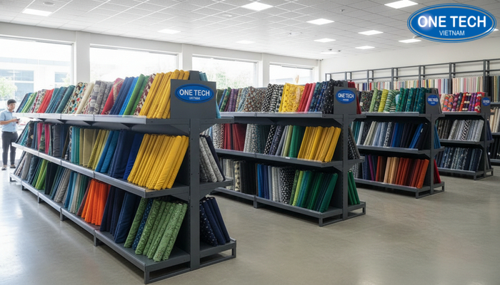 Ứng dụng kệ trưng bày vải trong cửa hàng Kệ trưng bày vải tại cửa hàng, khách dễ quan sát và lựa chọn