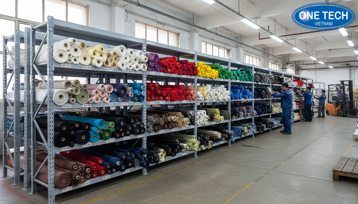 Ứng dụng kệ trưng bày vải trong may mặc Kệ trưng bày vải trong xưởng may, phân loại theo màu và mã hàng