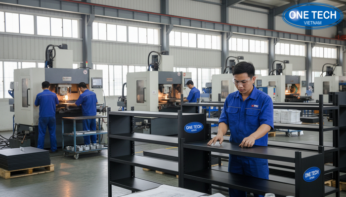 Minh họa workshop và khu vực sản xuất kệ để loa amply