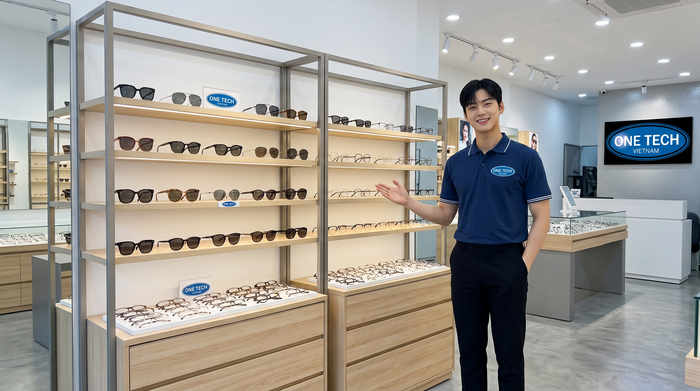 Hình ảnh thực tế kệ trưng bày kính mắt do OneTech cung cấp tại Thanh Hóa