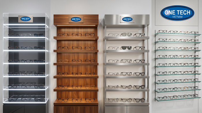 So sánh các loại kệ trưng bày kính mắt mica gỗ inox treo tường