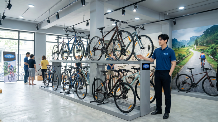 Kệ trưng bày xe đạp OneTech trong cửa hàng Hình ảnh thực tế kệ trưng bày xe đạp trong không gian cửa hàng tại Thanh Hóa
