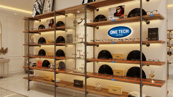 Kệ gỗ và tủ kính trưng bày kính mắt sang trọng tại showroom