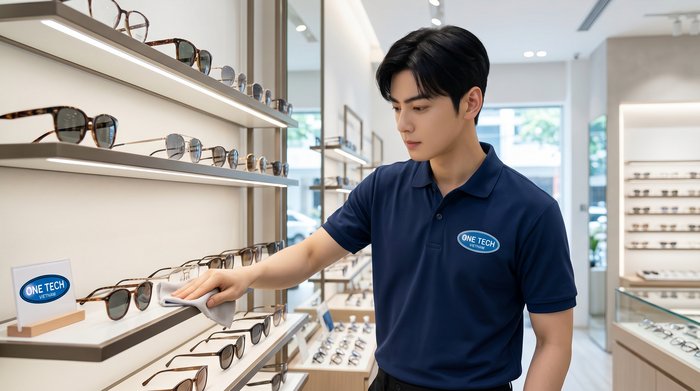 Quy trình vệ sinh và bảo trì kệ trưng bày kính mắt theo từng chất liệu